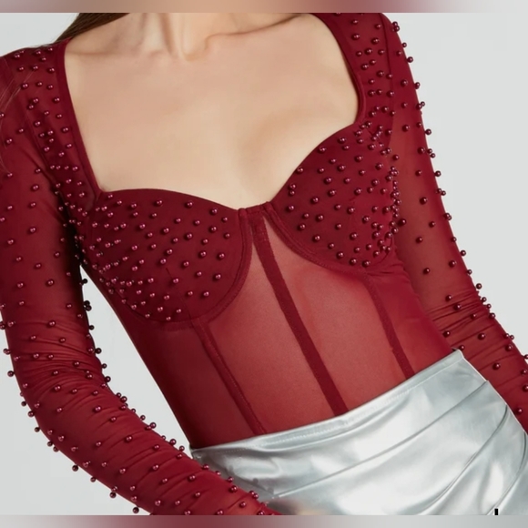 Burgundy Faux Pearl Corset Bodysuit - Picture 2 of 6